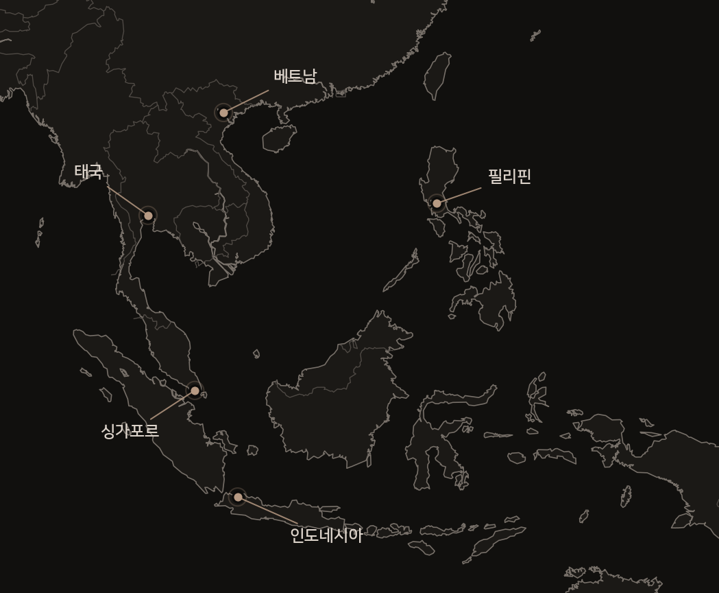 태국, 베트남, 인도네시아, 필리핀 등을 포함한 동남아시아 실제 지리 기반 지도
